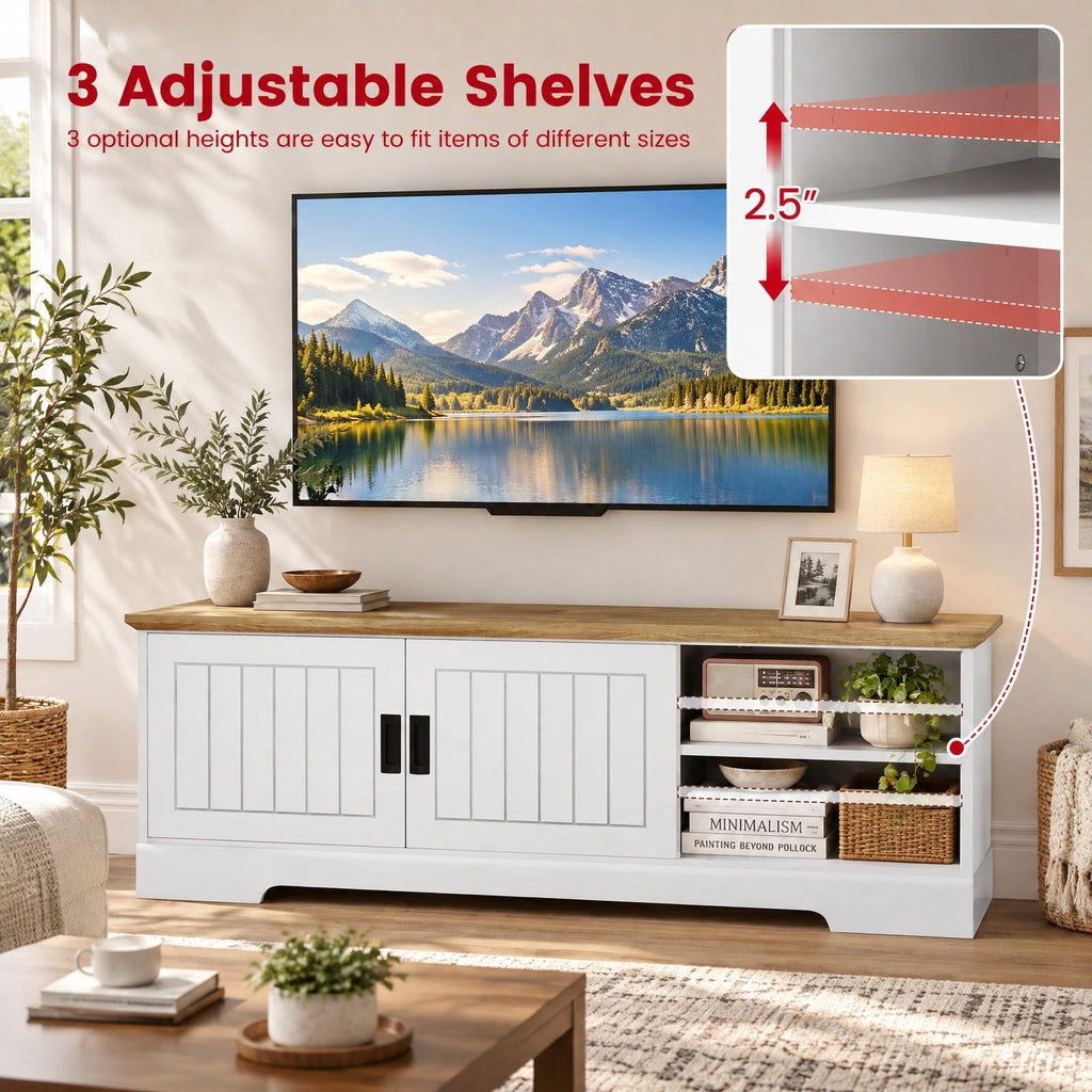 Airfind Farmhouse TV Stand for TVs up to 65 Inch with Sliding Doors and Storage Cabinets, 88 lbs Capacity, Engineered Wood MDF Frame, White