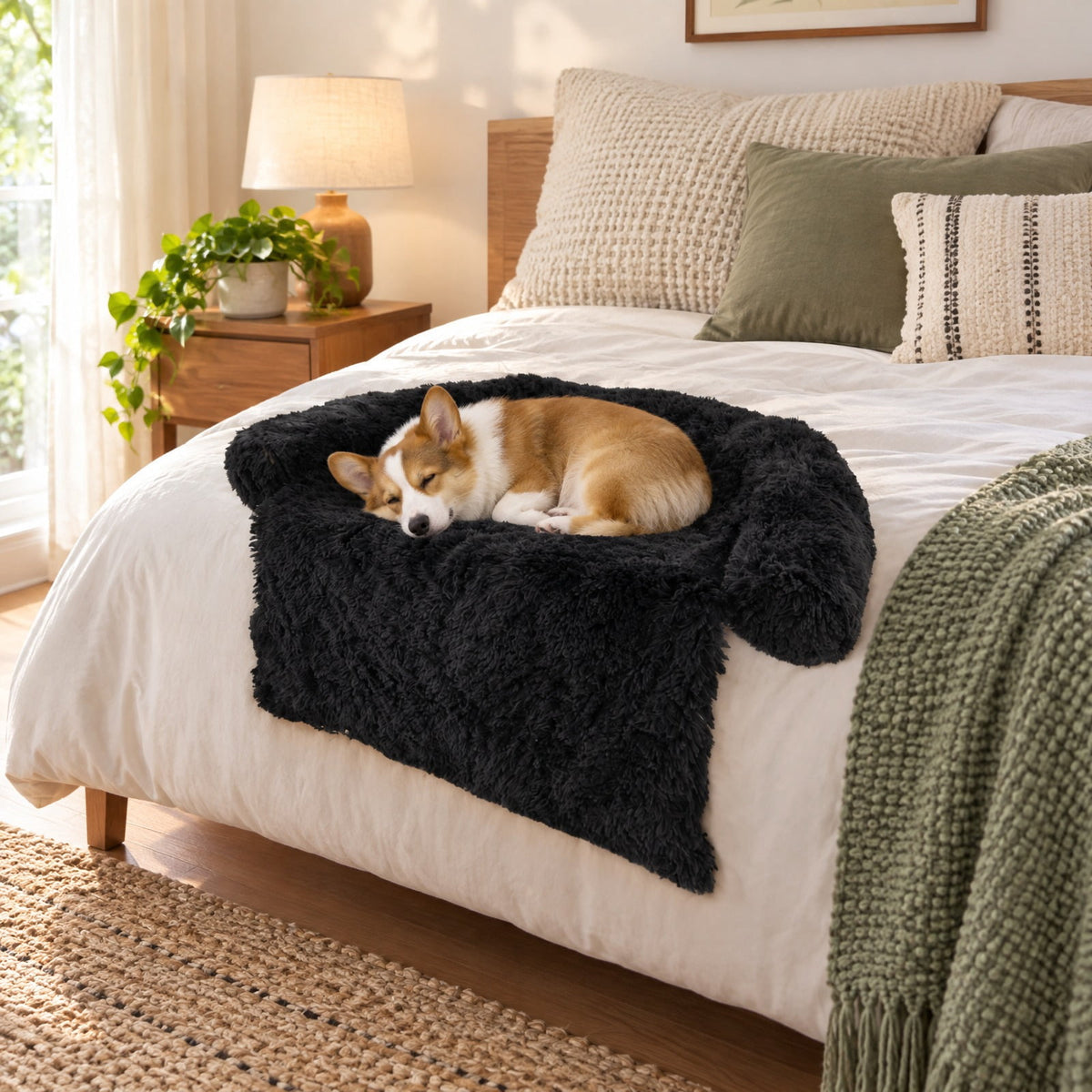Airfind Plush Calming Dog Couch Bed with Anti-Slip Bottom, S-Size Dog Bed 40 x 35 x 6.5 Footprint, Black