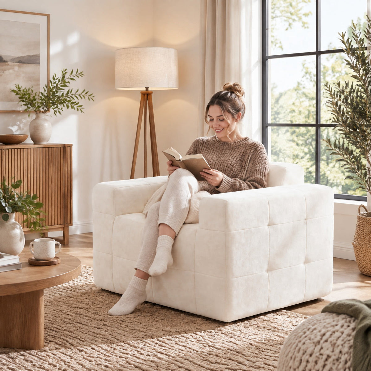 Airfind Boneless Single Sofa Chair Cloud Sofa with Terry Cloth Upholstery, 352 lbs Capacity, Terry Cloth Sponge Frame, Beige