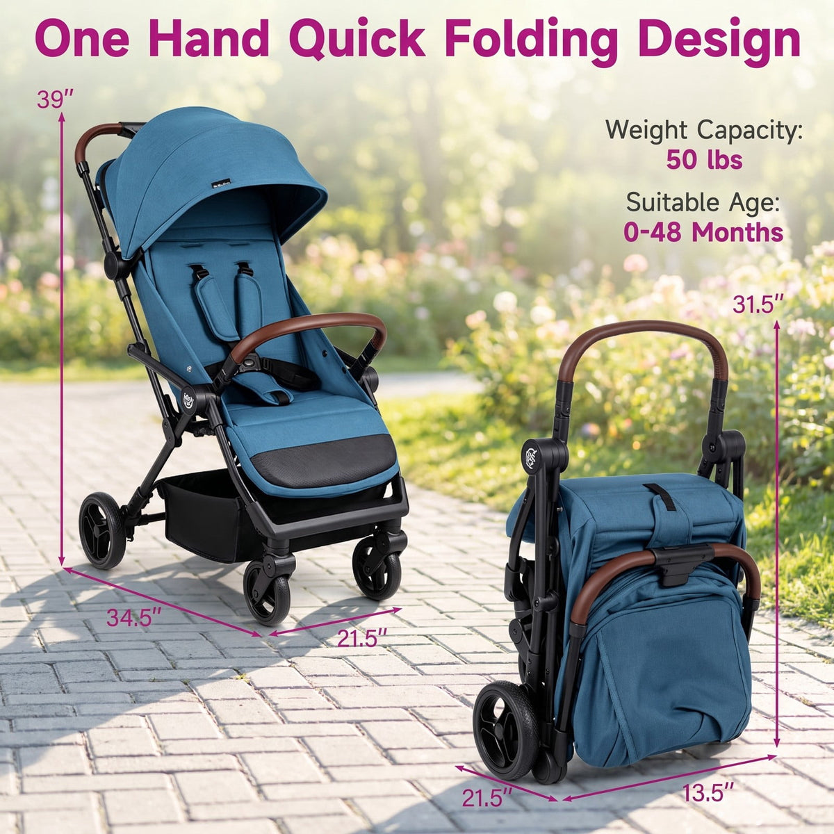 Airfind Lightweight Baby Stroller with One-Hand Folding and Adjustable Canopy for Toddlers, 50 lbs Capacity, Metal Aluminum Fabric Frame, Blue