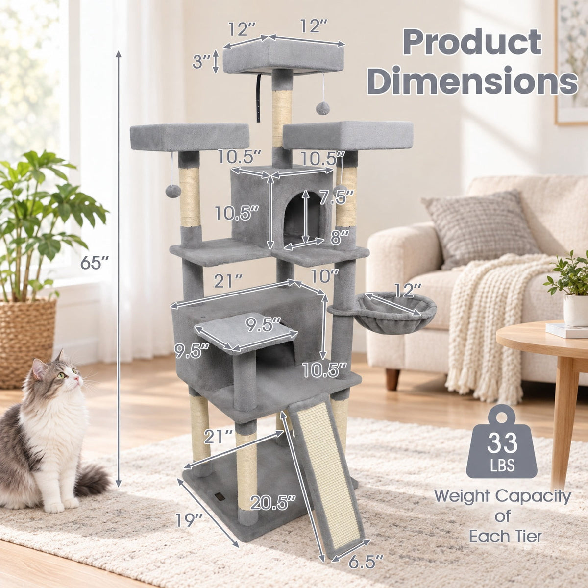 Airfind 65 Inch Tall Multi-level Cat Tree with 3 Upholstered Perch and 2 Cat Condos, Fabric Sisal Engineered Wood Overall Height 65 Inch Base Frame