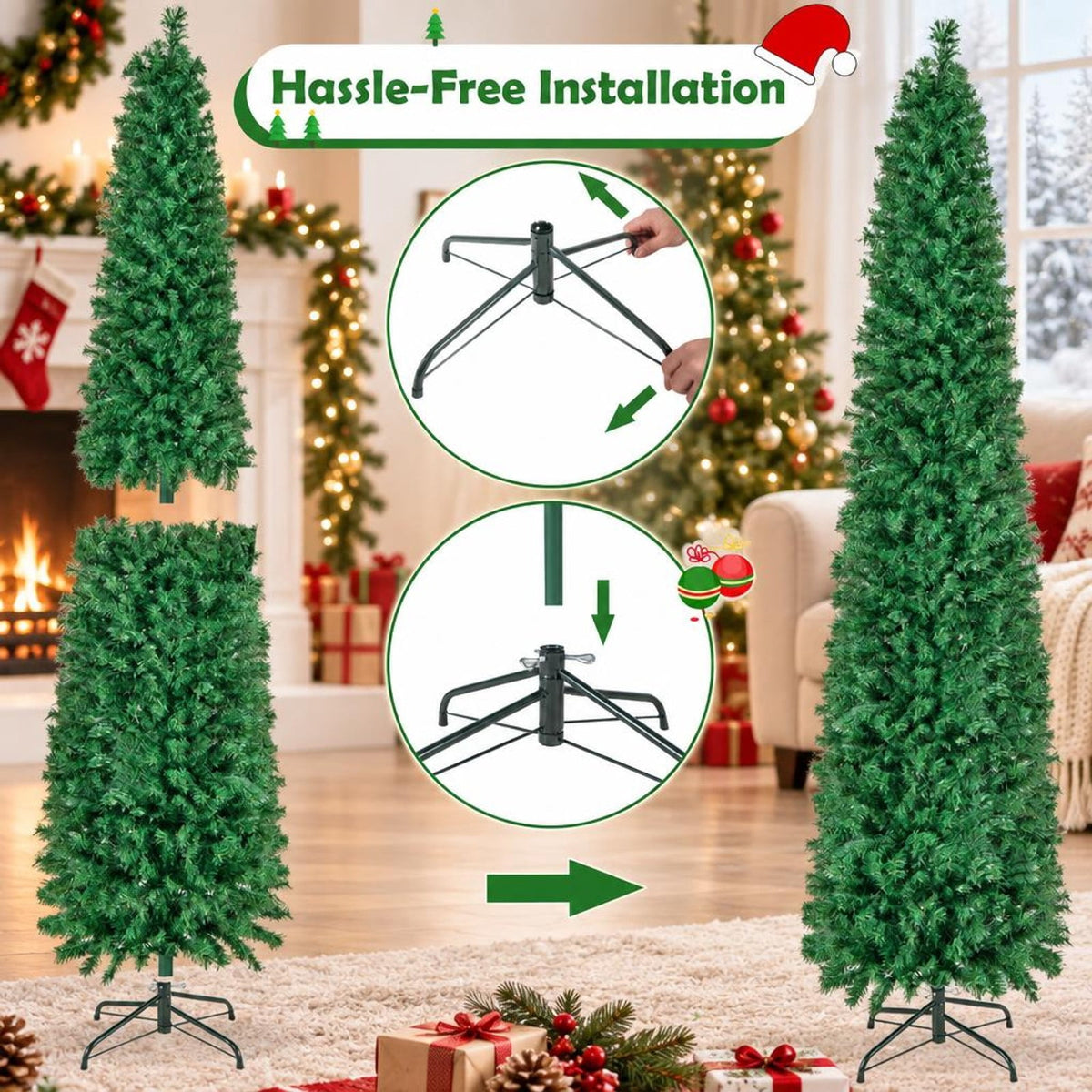 Airfind 5/6/7/8 FT Pre-Lit Christmas Pencil Tree with Colorful Fiber Optics Green-8 ft, PVC Metal Fiber Optics Frame, Green