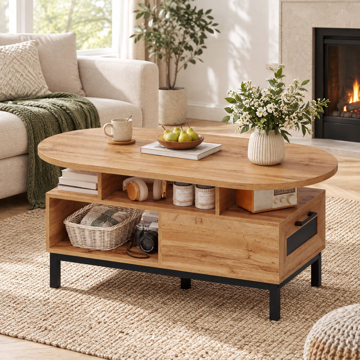 Airfind 47 Inch Oval Coffee Table with Storage and Open Compartments for Living Room, 110 lbs Capacity, Engineered Wood MDF Frame, Natural