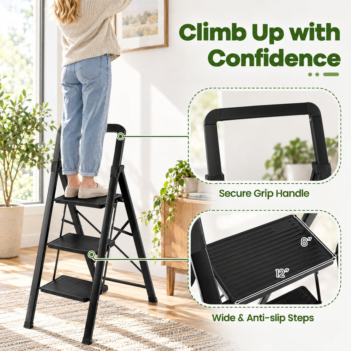 Airfind 3 Step Folding Step Stool with Wide Anti-Slip Pedals and Grip Handle, 330 lbs Capacity, Metal Frame, Black, 16.5 x 26.5 x 42