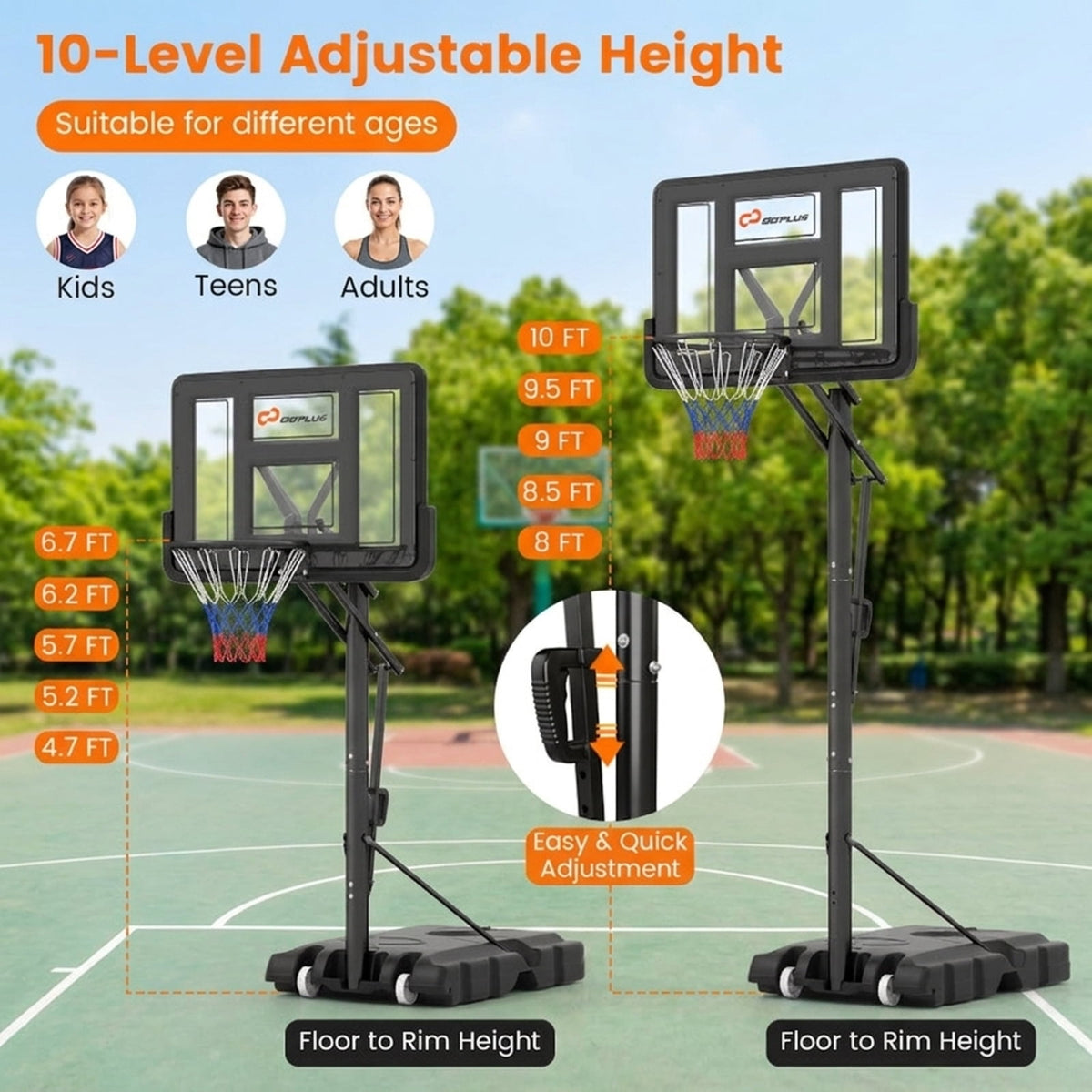 Airfind Portable Basketball Hoop with Adjustable Height 4.6 to 10 ft Range and Fillable Stabilizing Base and Wheels for Outdoor Driveway Play, Black