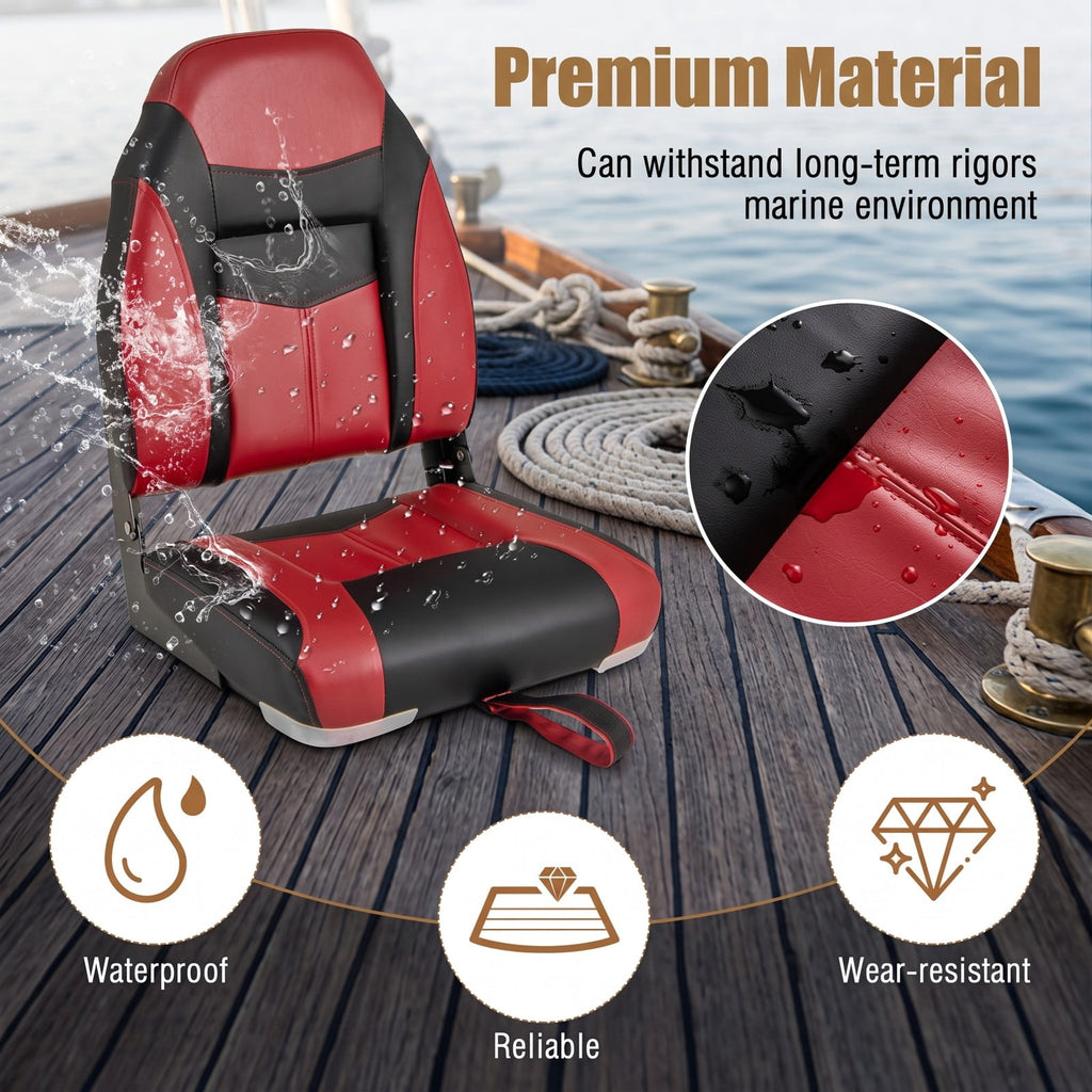 Airfind High Back Folding Boat Seat with Padded Sponge Cushion and Aluminum Hinges for Fishing and Pontoon Boats, Red and Black