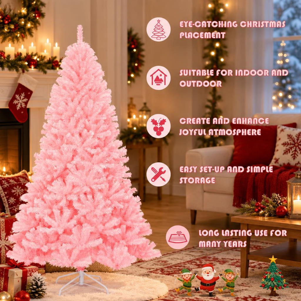 Airfind 7.5 Feet Hinged Artificial Christmas Tree Full Fir Tree, New PVC metal Length:7.5 ft Width:4.3 ft Frame, Pink