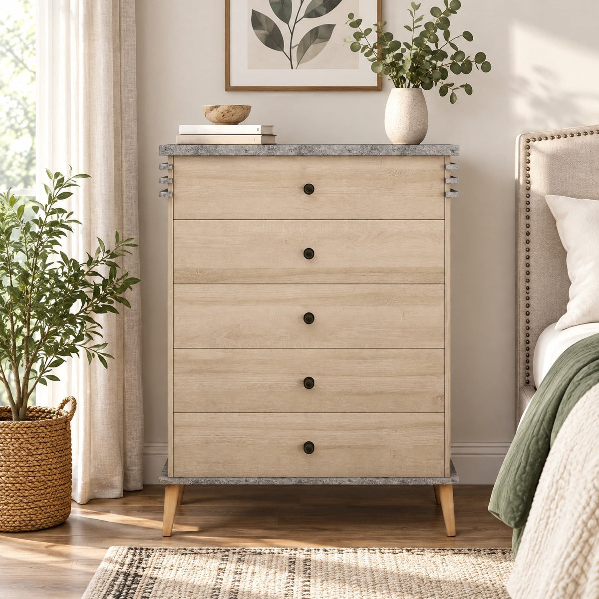 Airfind Farmhouse Chest Dresser of Drawers Tall Storage Organizer, 176 lbs Capacity, Engineered Wood MDF Rubber Wood Metal Frame, Grey
