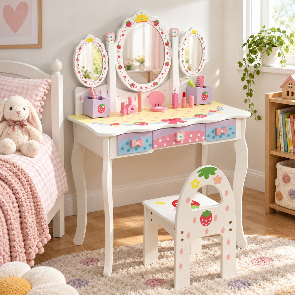 Airfind Kids Vanity Princess Makeup Dressing Table Chair Set with Tri-fold Mirror, 44 lbs Capacity, MDF Frame, White