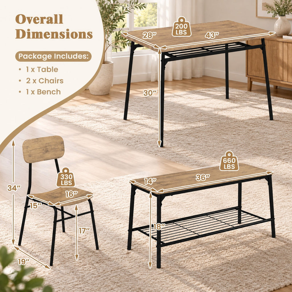 Airfind 4 Piece Dining Table Set for 4 Metal Frame with Bench and 2 Chairs, 200 lbs Capacity, MDF Metal Frame, Brown