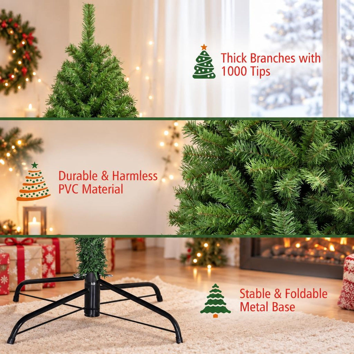 Airfind PVC Artificial Christmas Tree Premium Hinged-6 ft, PVC iron Frame, 3.8ft x 6ft Footprint, Green