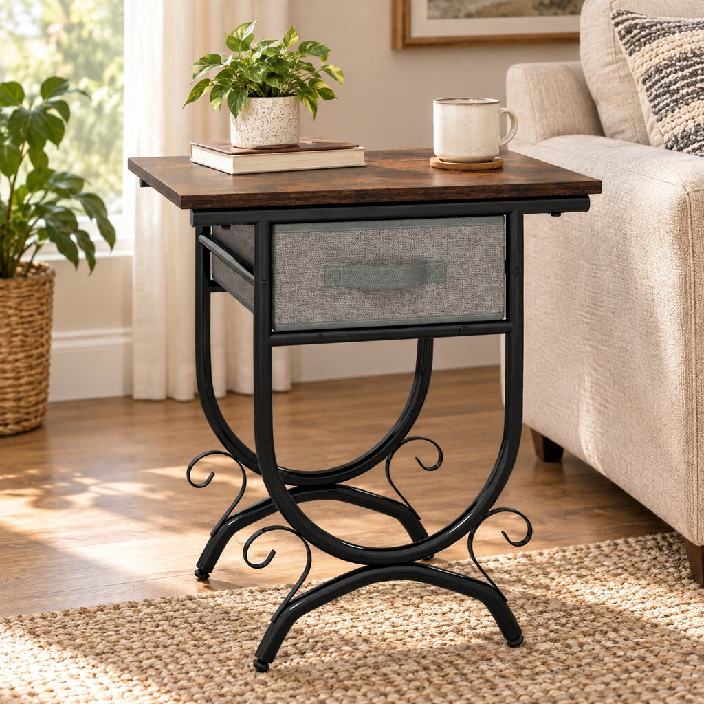 Airfind Side Table with Fabric Drawer and Carved Metal Frame for Living Room, 88 lbs Capacity, Engineered Wood Metal Fabric Frame, Black Gray
