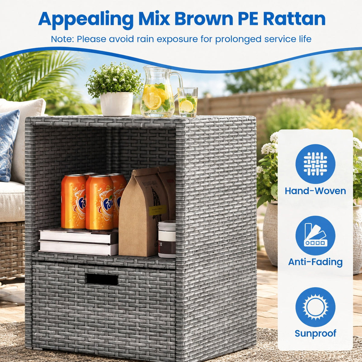 Airfind Outdoor Storage Cabinet Patio Wicker Organizer with Drawer, PE Rattan Metal Frame, 19.5 x 19.8 x 43 Footprint, Gray