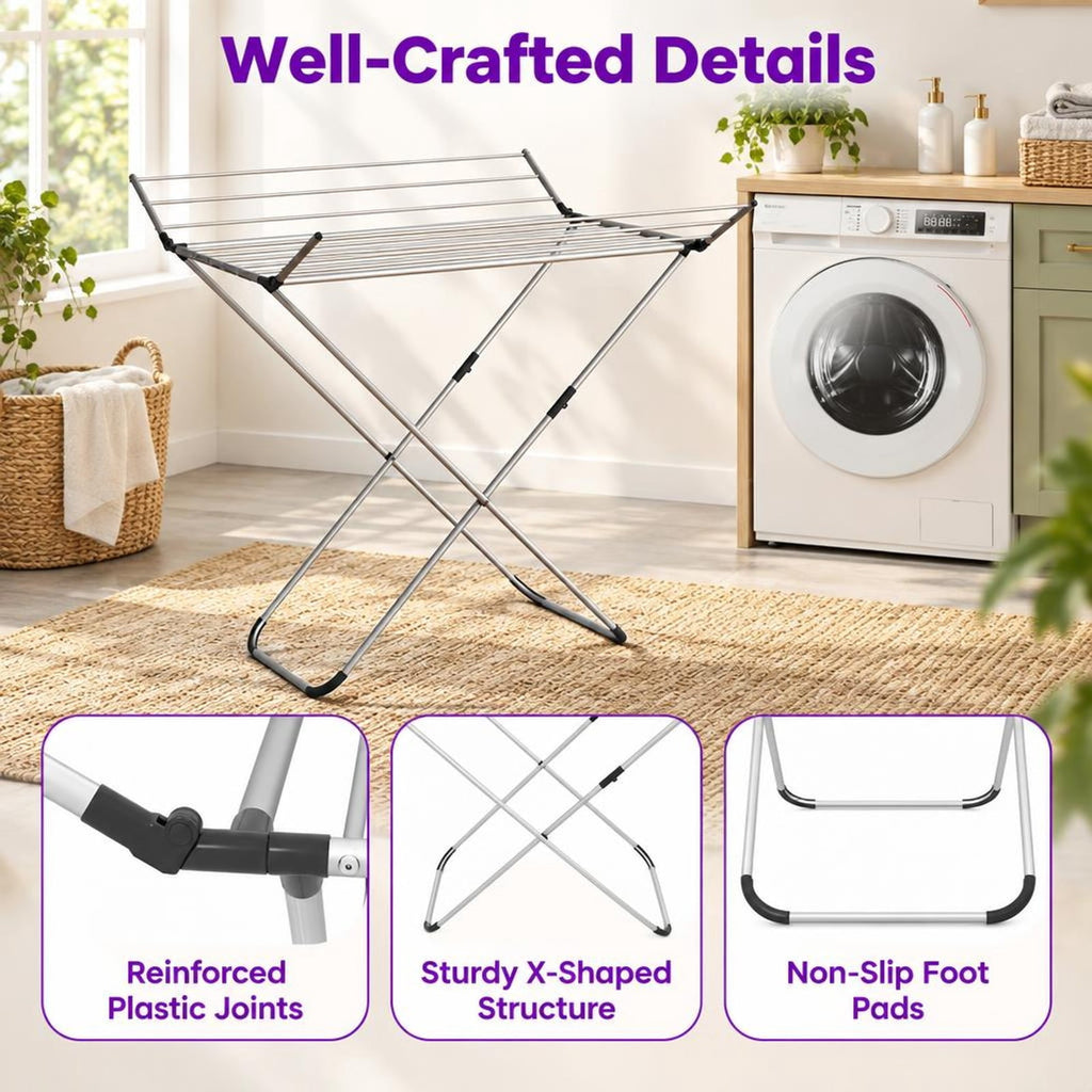 Airfind Folding Aluminum Clothes Drying Rack with 2 Side Wings, 26.5 lbs Capacity, Aluminum Plastic Frame, 41 x 37 x 41 Footprint, Silver