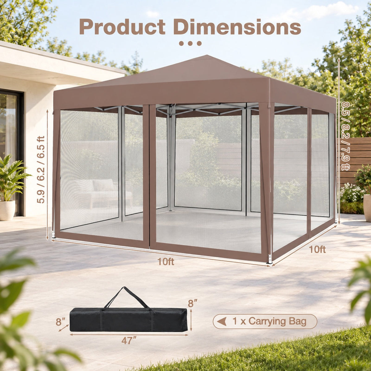 Airfind 10 FT x 10 FT Pop-Up Canopy Tent Easy Setup Instant Folding Shelter with Mesh Netting, 210D Oxford Fabric Frame, Coffee