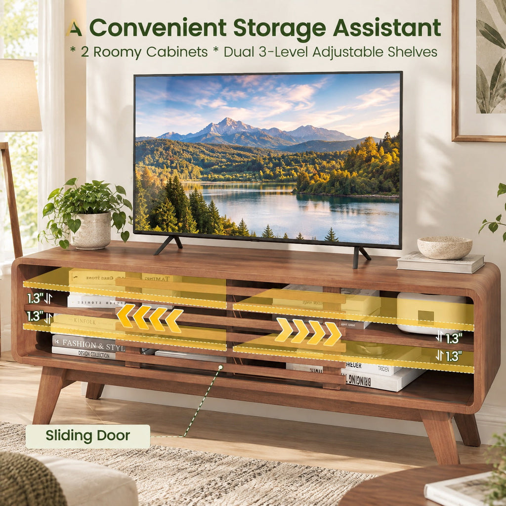 Airfind TV Stand for TVs up to 55 Inch with Sliding Door and Adjustable Shelves for Living Room, 220 Lbs Capacity, Rubber Wood MDF, Brown