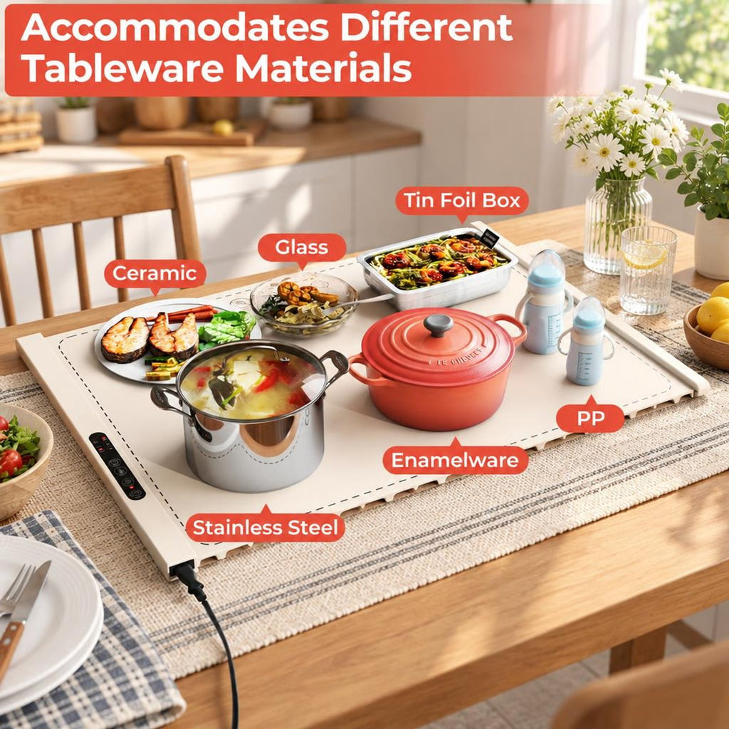 Airfind Food Warming Mat Rollable and Portable Electric Warming Tray with Fasting Heating, Silicone ABS Unfolding Frame, Beige