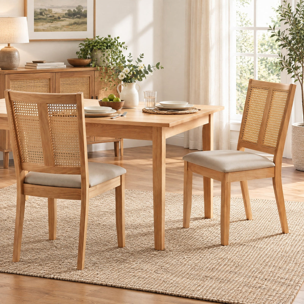 Airfind Rattan Dining Chairs Set of 2 with Curved Backrest and Padded Seat for Dining Room, 380 lbs Capacity, Rubber Wood Frame, Natural