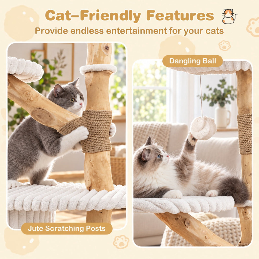 Airfind 41 Inch Tall Modern Cat Tower with Real Wood Branches Scratching Posts for Indoor, Beige, a distinctive shape and rich wood grain