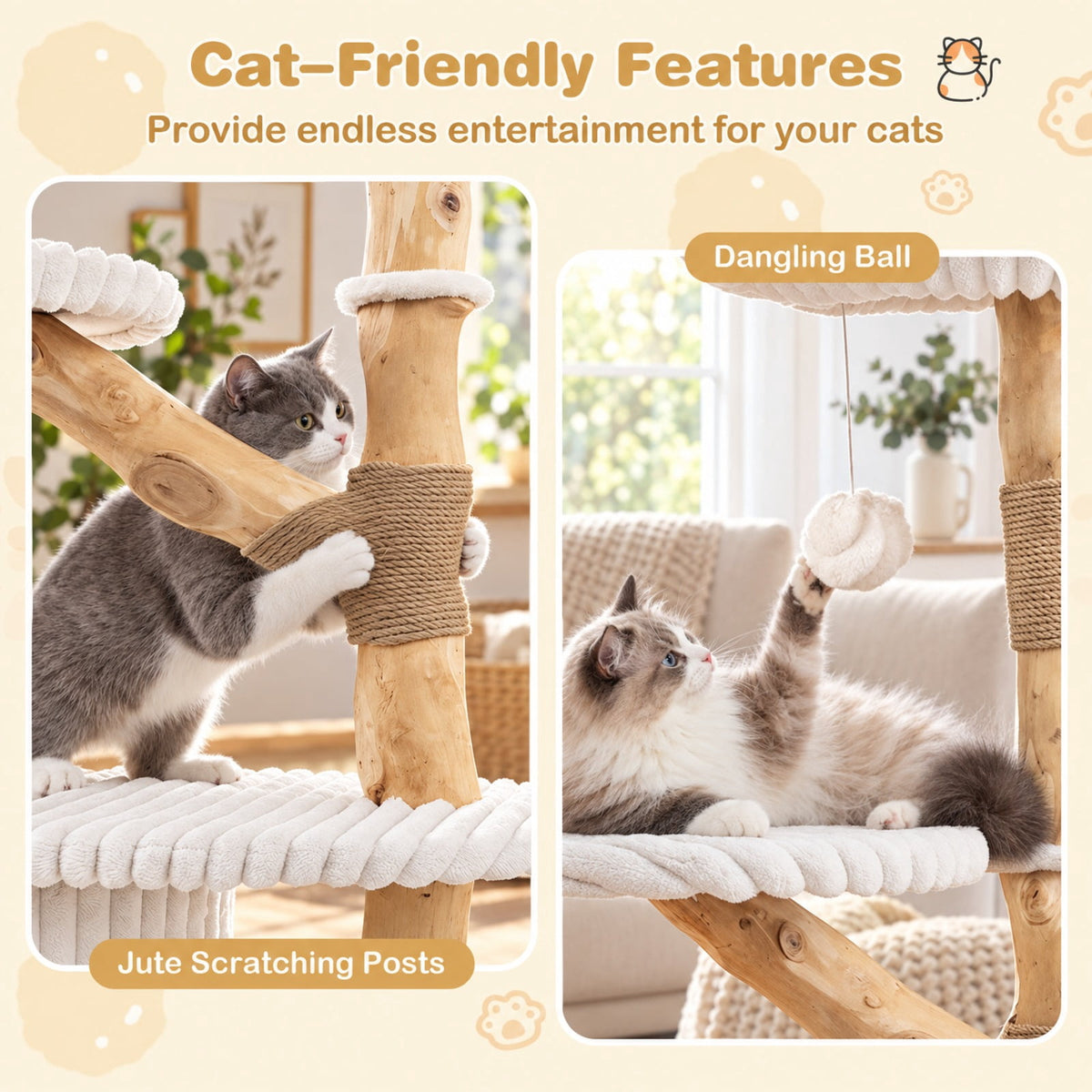 Airfind 41 Inch Tall Modern Cat Tower with Real Wood Branches Scratching Posts for Indoor, Beige, a distinctive shape and rich wood grain