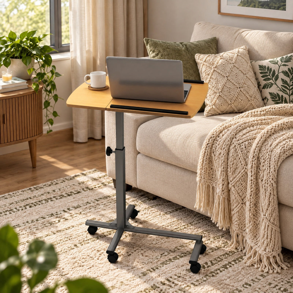 Airfind Adjustable Angle Height Rolling Laptop Table, Steel (frame) Frame, 23.5 x 16 x 24.5-36 (L x W x Adjustable H) Steel tube Footprint
