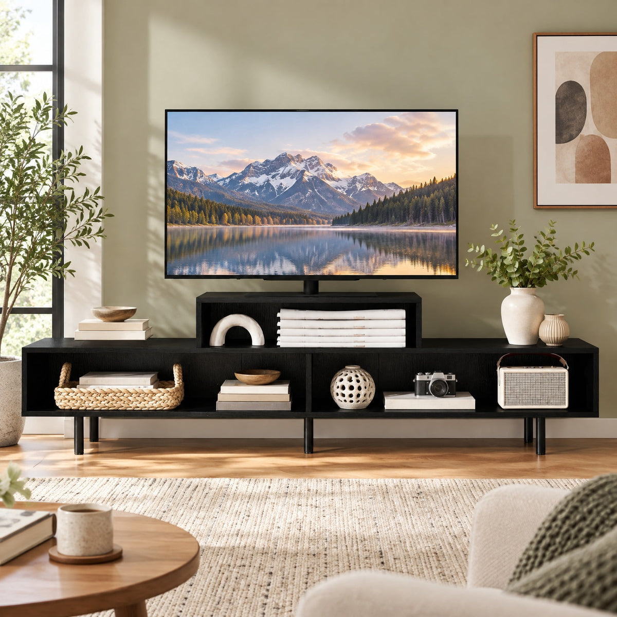 Airfind 3 Cubby TV Stand for TVs up to 70 Inch Entertainment Center with Open Storage Compartments, 155 lbs Capacity, 63 Inch x 12 Inch x 18 Inch Footprint