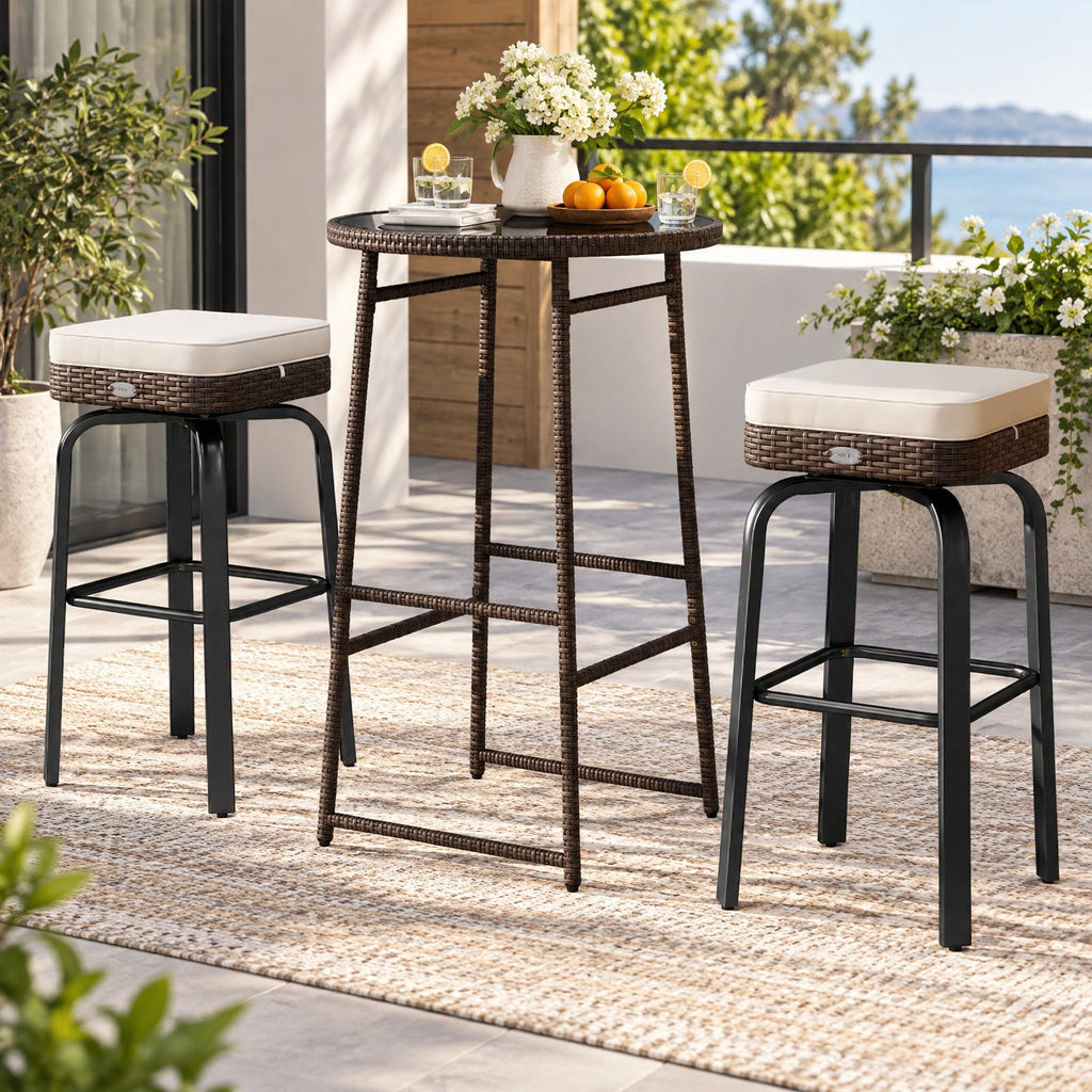 Airfind 3 Pieces Outdoor Swivel Bar Set PE Rattan Bar Height Table with 2 Chairs, PE Rattan Metal Tempered Glass Polyester Sponge Frame, White