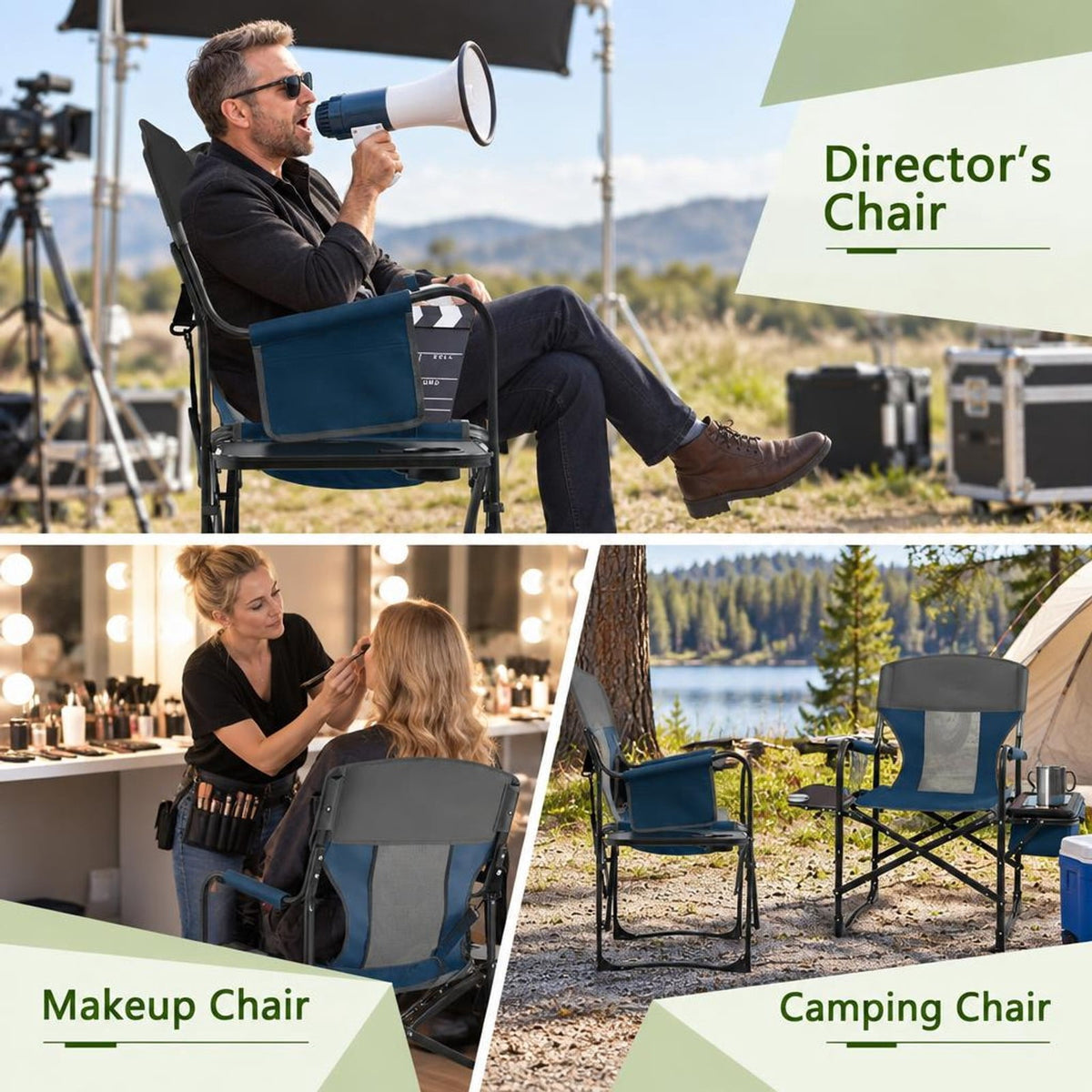 Airfind Folding Camping Directors Chair with Cooler Bag and Side Table, 400 lbs Capacity, Metal Oxford Cloth Frame, 45 x 22 x 39 Footprint, Blue