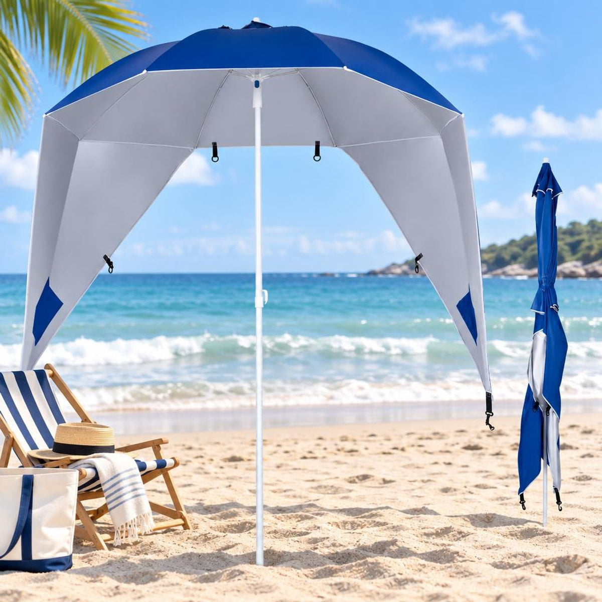 Airfind 2-in-1 Beach Shelter Umbrella UPF 50+ with Side Panels for Camping Picnic, Oxford Cloth Fiberglass Pole Metal PP Frame, Blue