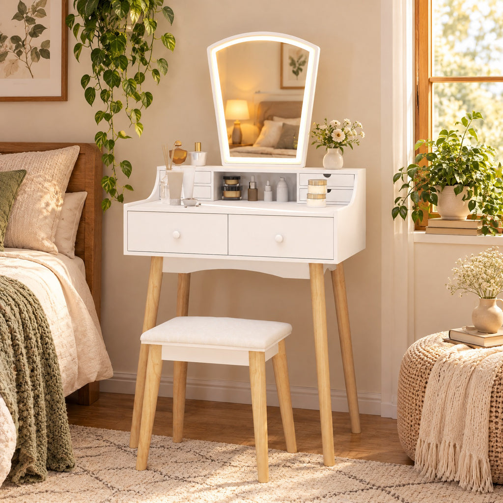 Airfind Vanity Desk Set with 3-Color Adjustable LED Lighted Mirror and Drawers, 110 lbs Capacity, P2 MDF Frame, 27in x 15.5in x 52in Footprint, White