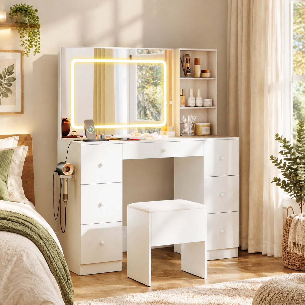 Airfind Vanity Desk with Mirror and Lights Makeup Dressing Table Vanity Table and Stool Set, 155 lbs Capacity, Engineered Wood Frame, White