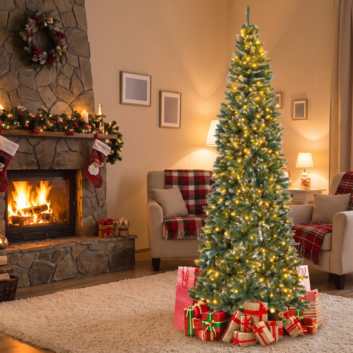 Airfind 9 FT Pre-Lit Artificial Christmas Tree with 1298 Snowy Branch Tips, PVC Metal Tree Height 270 cm Tree Width 88 cm Frame, Blue+Green
