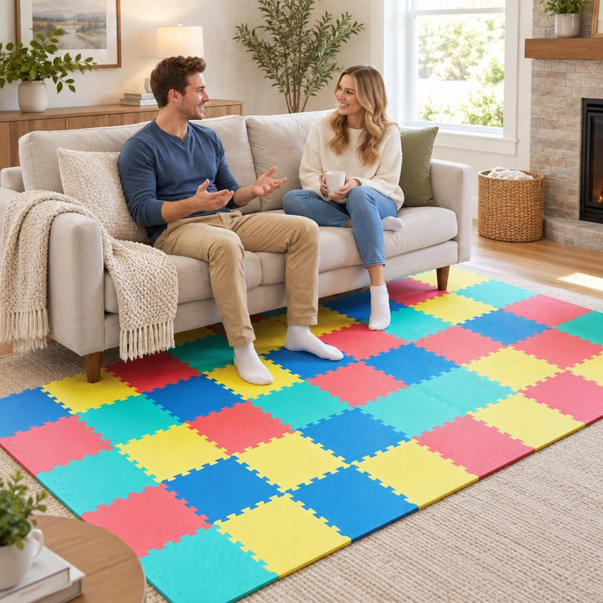 Airfind 18 Pack Interlocking EVA Foam Floor Tiles with Boarders, EVA Foam Frame, 72 Inch x 37 Inch x 0.4 Inch Footprint, Multicolor
