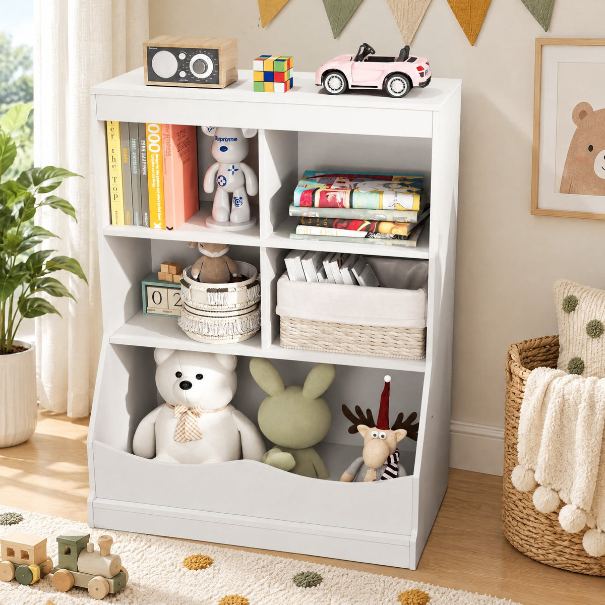 Airfind 3-Tier Childrens Multi-Functional Bookcase Toy Storage Bin Floor Cabinet, 66 lbs Capacity, MDF Engineered Wood Frame, White