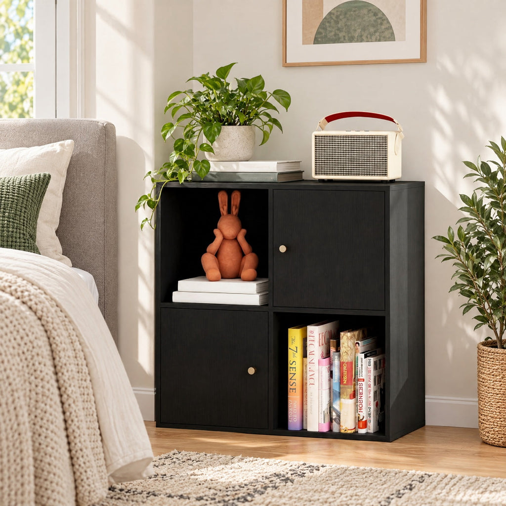Airfind 4-Cube Bookcase 3-Tier Bookshelf with Dual Anti-Tipping Kits and 2 Cabinets, 110 lbs Capacity, MDF Engineered Wood Frame, Black