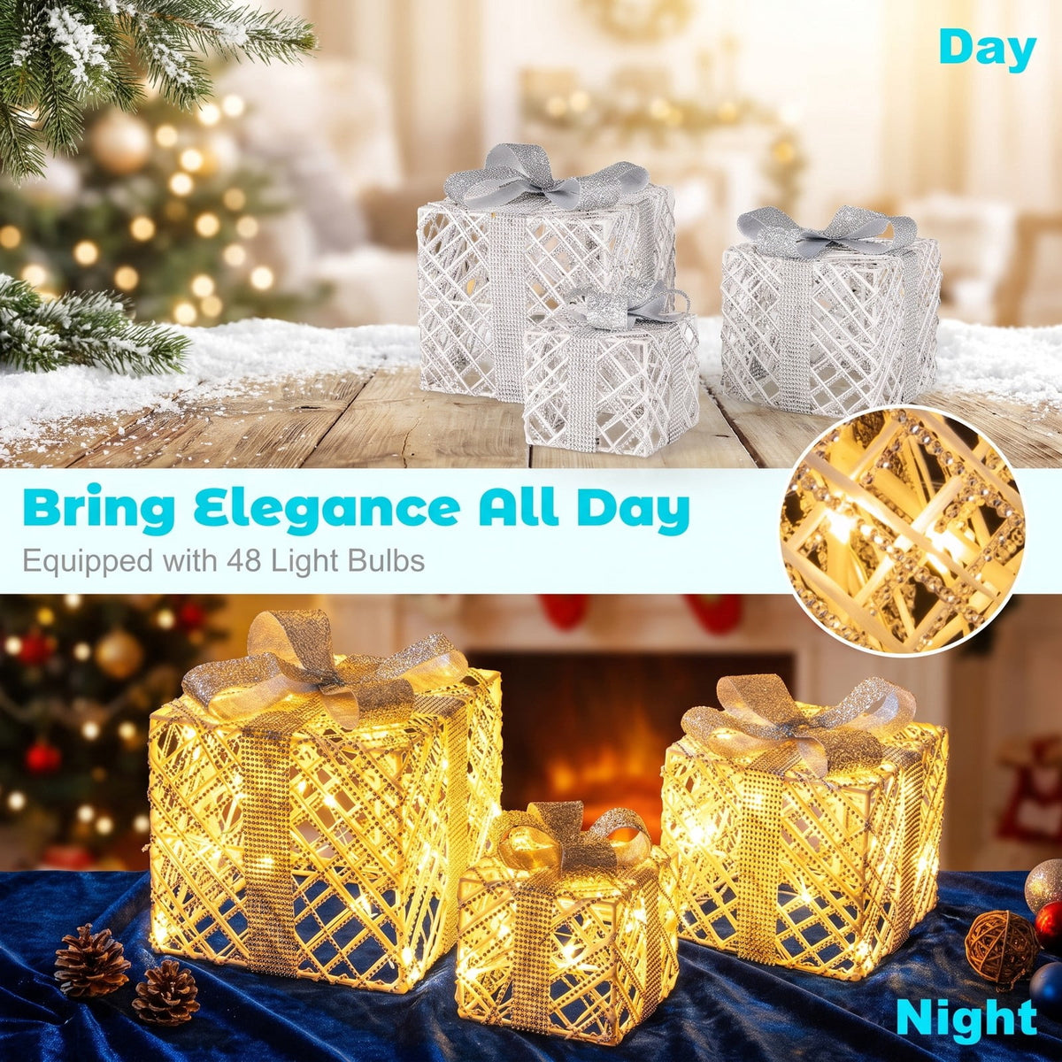 Airfind 3 Pack Christmas Lighted Gift Box with 50 LED Lights and Detachable Bows, PVC Metal Frame, 10in x 10in x 9in Footprint, White