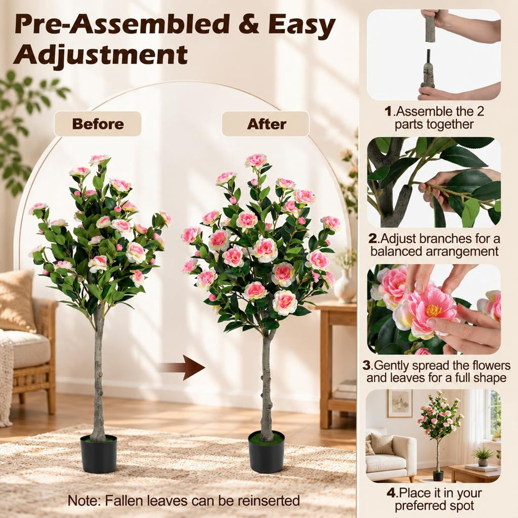 Airfind Artificial Camellia Tree with 27 Blossoms in Cement Pot for Home-Set of 1, Pink Green Black