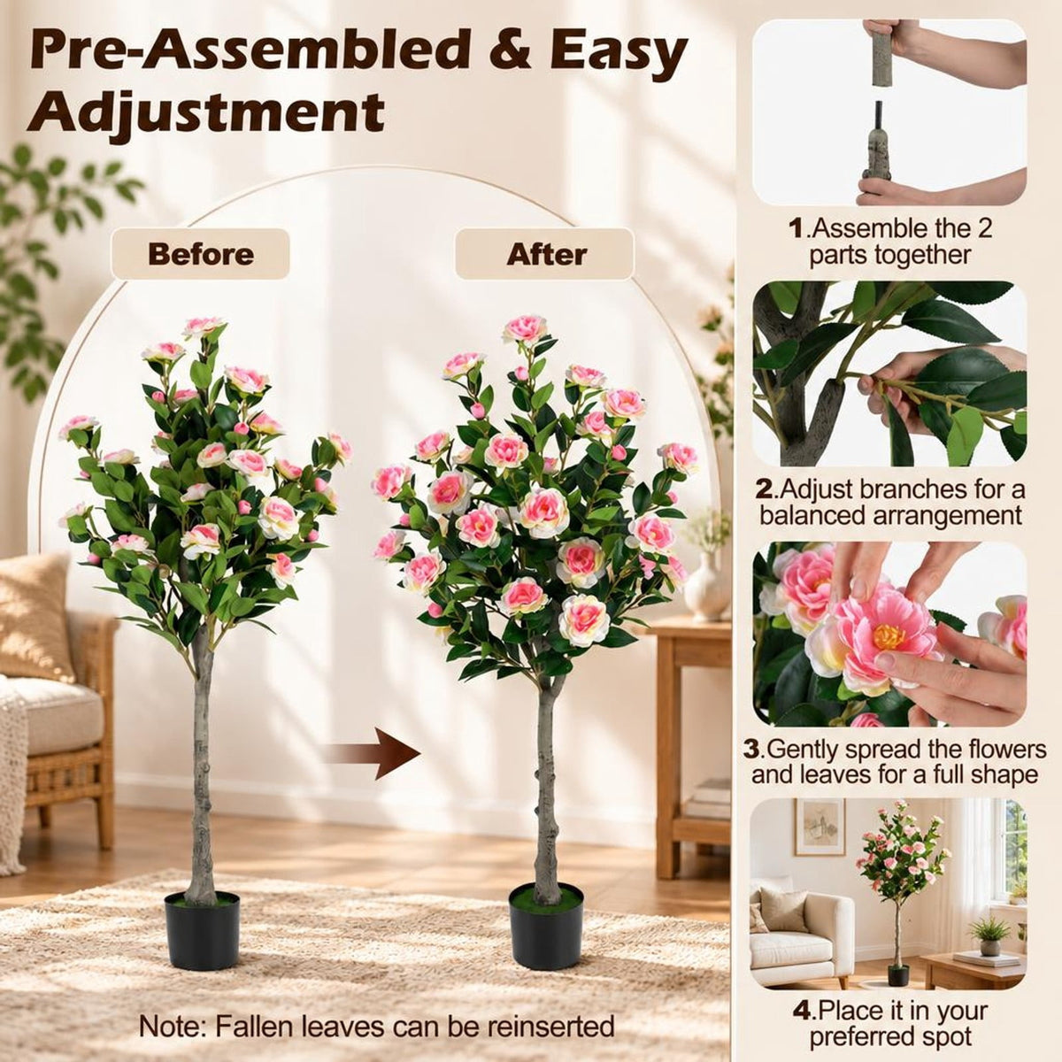 Airfind Artificial Camellia Tree with 27 Blossoms in Cement Pot for Home-Set of 1, Pink Green Black