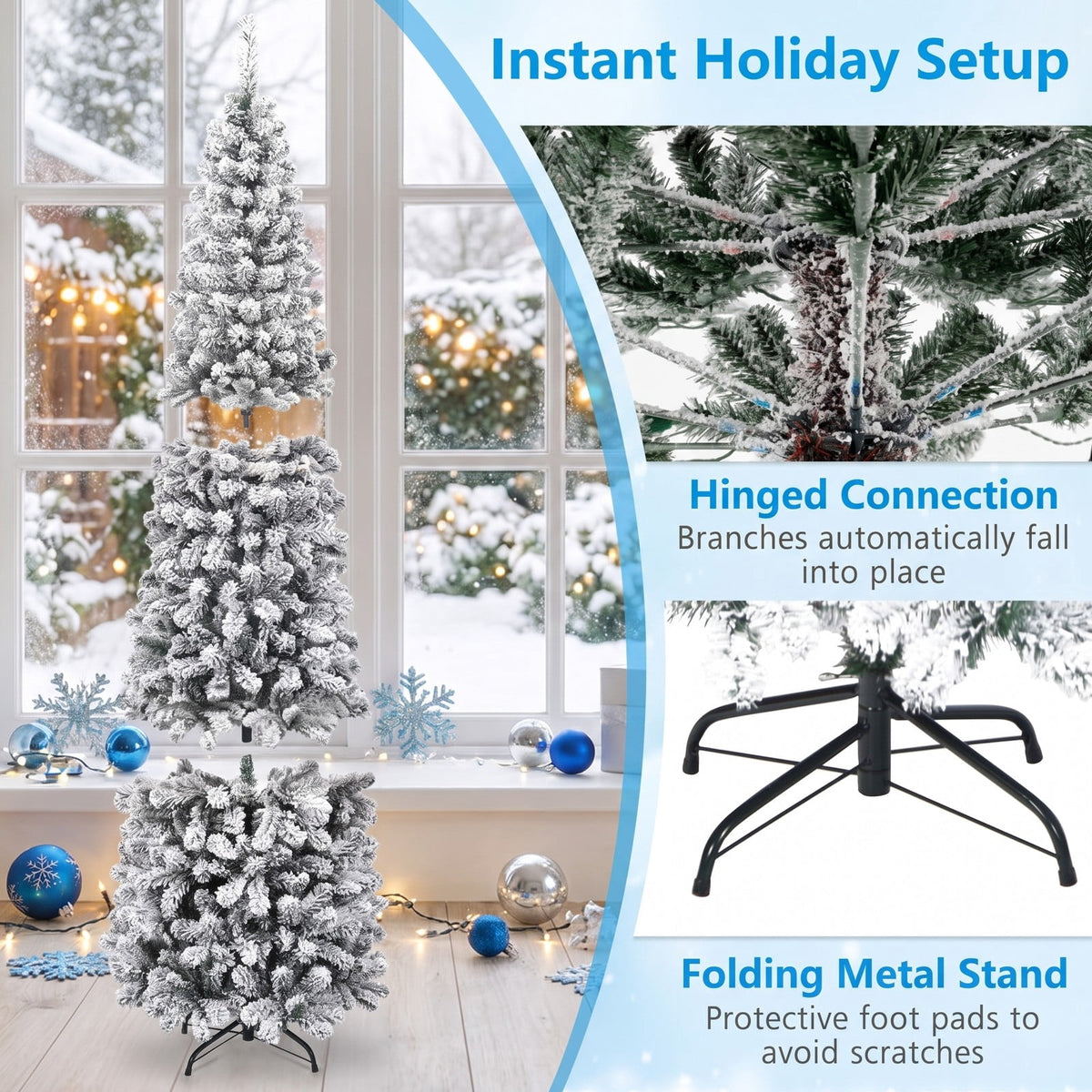Airfind 7.5 Feet Unlit Hinged Snow Flocked Artificial Pencil Christmas Tree with 641 Tips, PVC Metal Tree Height 7.5 ft Tree Width 2.2 ft Frame