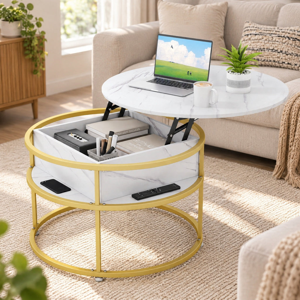 Airfind 31.5 Inch Round Lift Top Coffee Table with Hidden Compartment and Side Shelves, 110 lbs Capacity, Engineered Wood Metal Frame, White