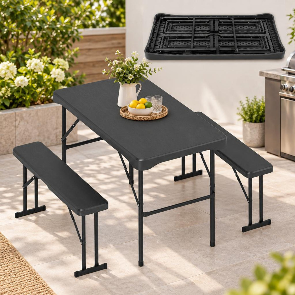 Airfind Outdoor Folding Table Bench Set w All-Weather HDPE Tabletop and Sturdy Metal Frame, 120 kg Capacity, HDPE Metal Frame, Black