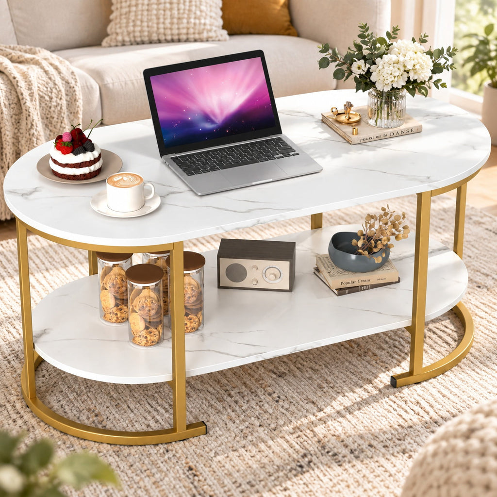 Airfind Oval Coffee Table 2-Tier Wooden Accent Table with Spacious Tabletop and Open Storage Shelf, Engineered Board Metal Frame, White