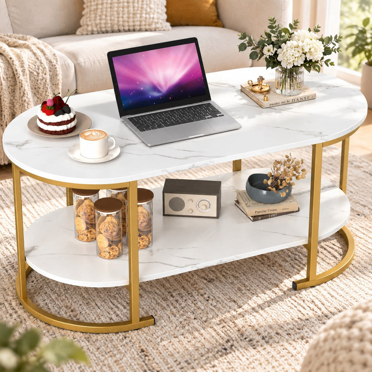 Airfind Oval Coffee Table 2-Tier Wooden Accent Table with Spacious Tabletop and Open Storage Shelf, Engineered Board Metal Frame, White