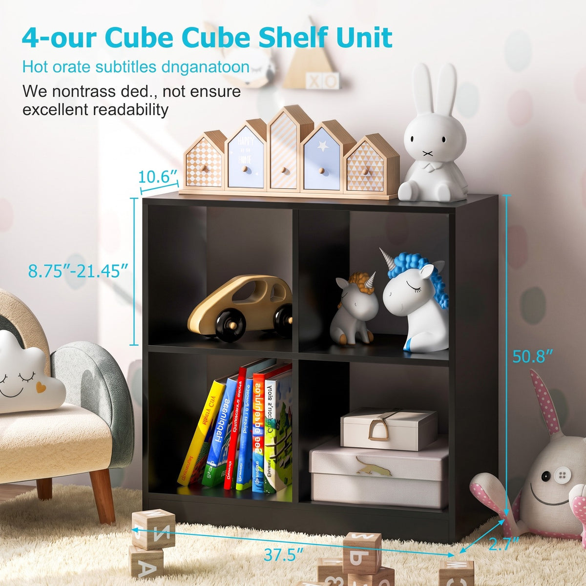 Airfind 4-Cube Kids Bookcase with Open Shelves, 60 lbs Capacity, Engineered wood Frame, 29 Inch x 13 Inch x 29 Inch Footprint, Black