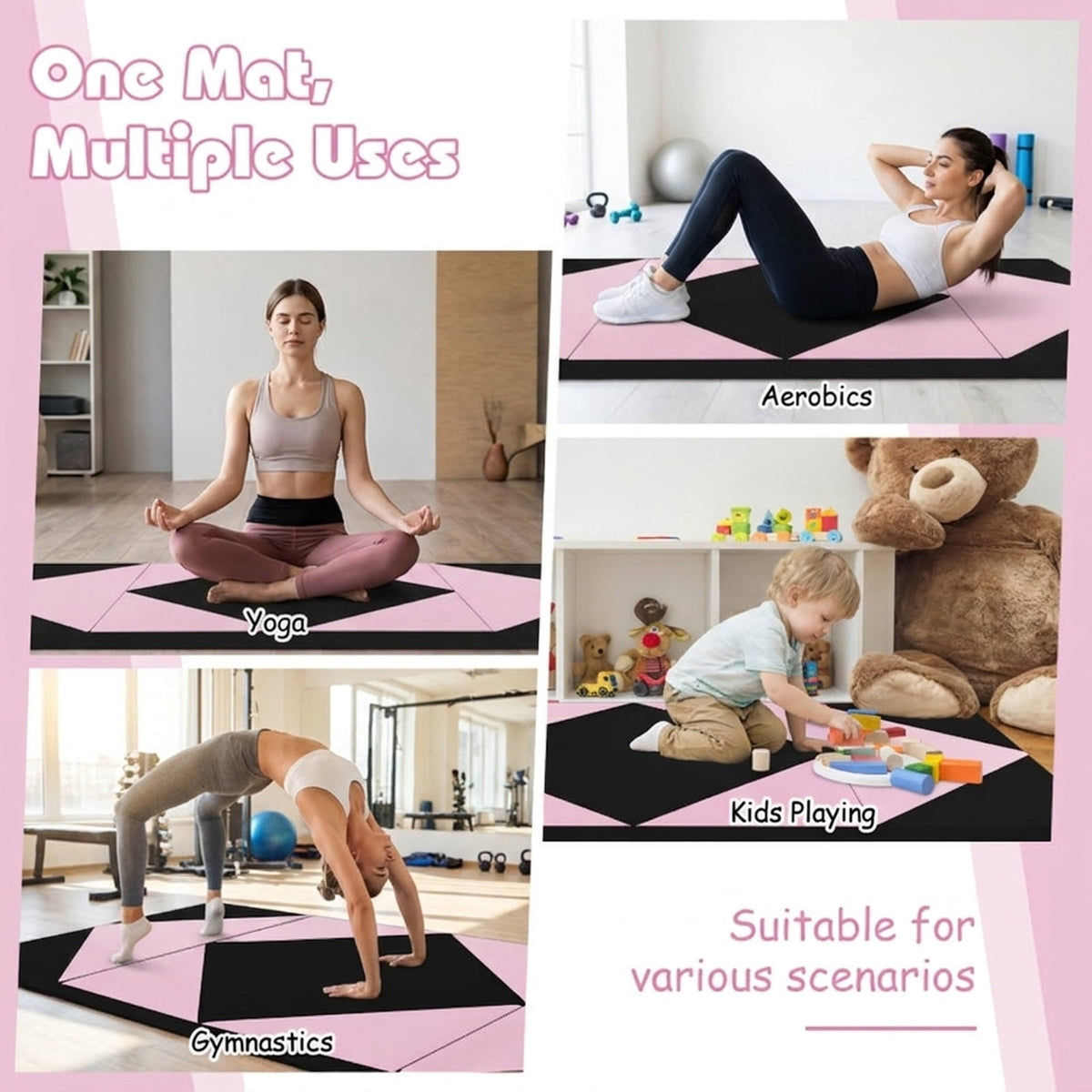 Airfind 10 Feet x 4 Feet x 2 Inch Folding Exercise Mat with Non-Slip Surface and Cushioned Support and Hook-and-Loop Connectors for Home Workout Gymnastics and Yoga, Black