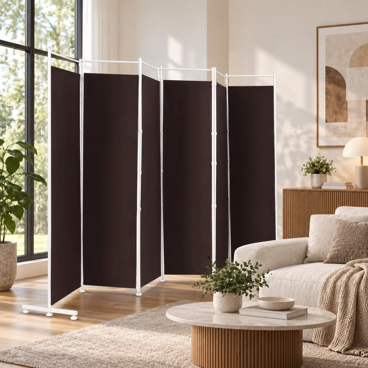 Airfind Room Divider, 6-Panel, Folding Privacy Screen, polyester steel Opening Frame, 10 FT x 6 FT Footprint with Functional Design, Brown