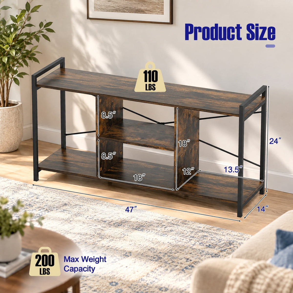Airfind TV Stand for 55 Inch TVs Industrial Entertainment Center, 200 lbs Capacity, Engineered Wood Metal Frame, 47 x 14 x 24 Footprint, Brown
