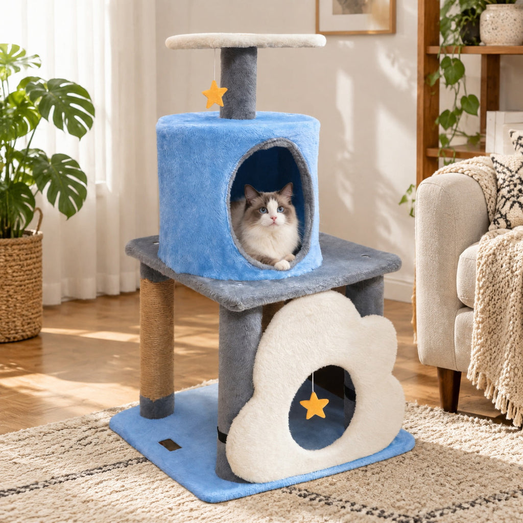 Airfind 31.5 Inch Cute Modern Cat Tree Multi-Level Kitten Tower, Engineered Board Plush Fabric Sponge Jute, 18.5 Inch X 16 Inch X 31.5 Inch Condo, Blue