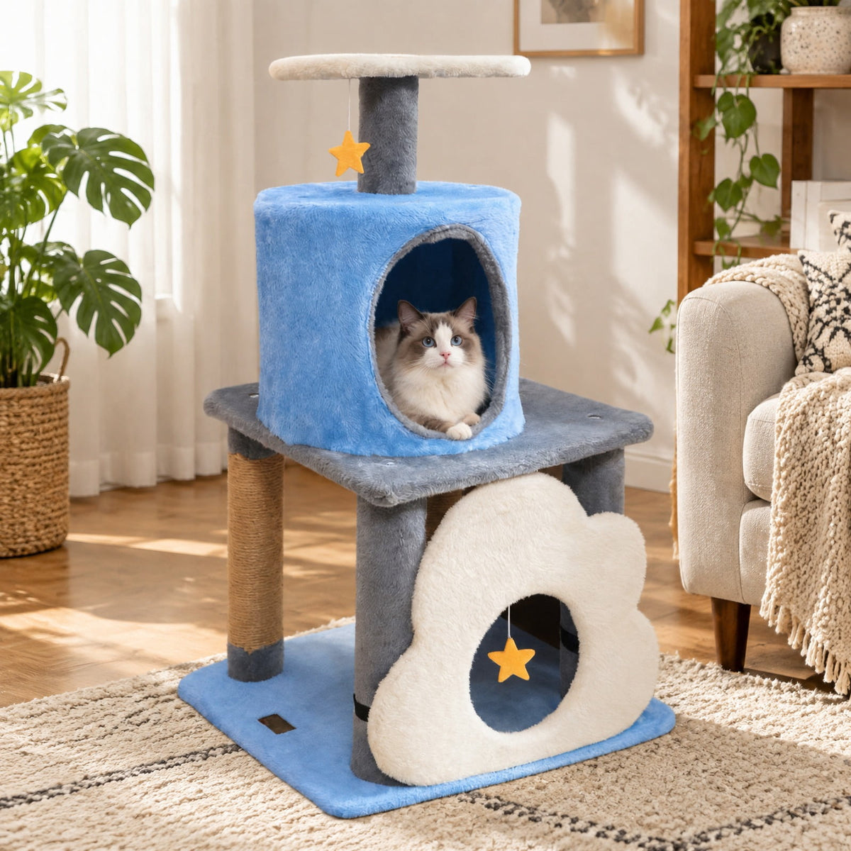 Airfind 31.5 Inch Cute Modern Cat Tree Multi-Level Kitten Tower, Engineered Board Plush Fabric Sponge Jute, 18.5 Inch X 16 Inch X 31.5 Inch Condo, Blue
