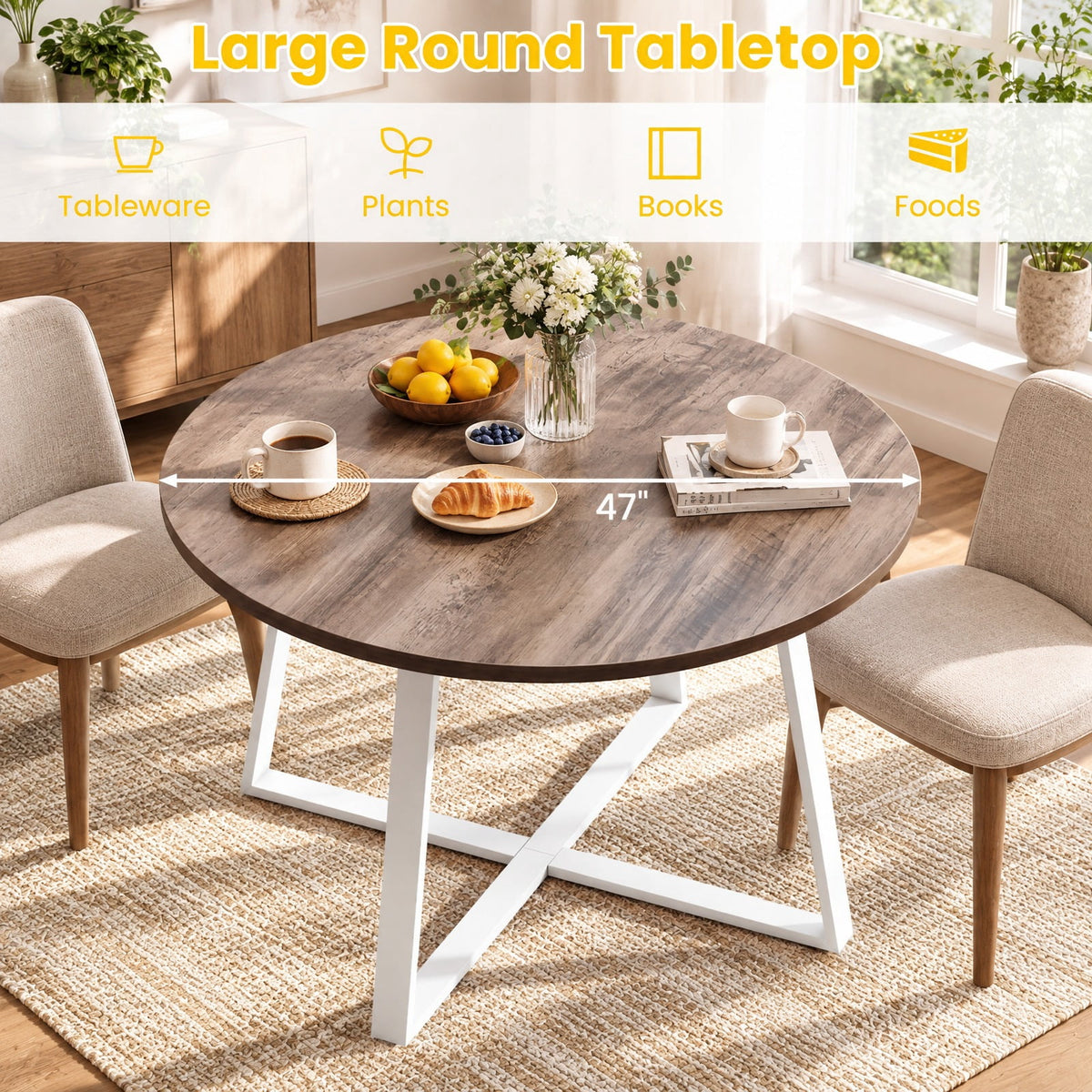 Airfind 47 Inch Round Dining Table with Stable X-shaped Base and Round Thickened Tabletop, 220 Lbs Capacity, Engineered Wood Metal, Natural